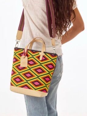 Colorful Geometric Tote Bag with Leather Trim - Pink & Yellow Consuela nwt B16